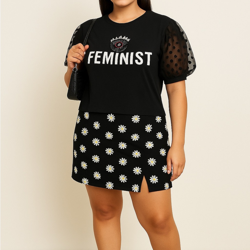 Y2K FEMINIST Power Tee ✨🖤 Mesh Puff Sleeve Vibes